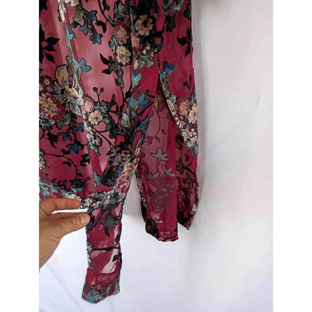 Arizona Jean Co Women Burnout Velvet Floral Open Front Kimono Burgundy Black M/L - Picture 5 of 8